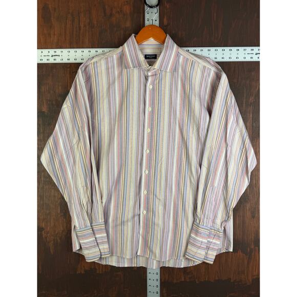 Balmain Paris Striped Luxery Button Up Dress Shirt Pink Multicolor Men 17 1/2 44 - Picture 2 of 11